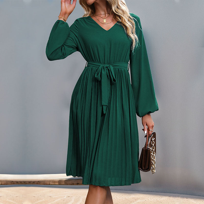 Damen Plissiertes Wickelkleid mit Taillengürtel und langen Ärmeln Heidi-Mode