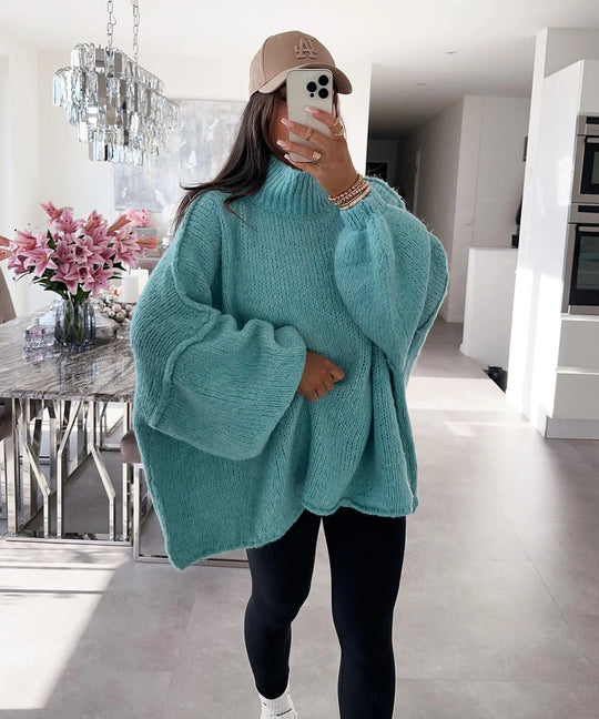 Damen lässiger Oversize Pullover mit hohen Ärmeln und unkonventionellem Schnitt Heidi-Mode