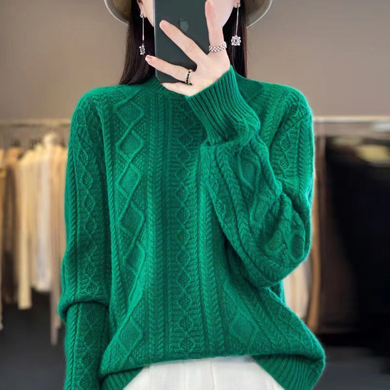 Damen Hochwertiger Strickpullover mit Stehkragen und Zopfdesign Heidi-Mode