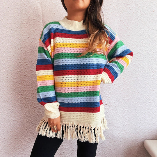 Damen entzückender Pullover mit Fransen und buntem Streifenmuster Heidi-Mode   
