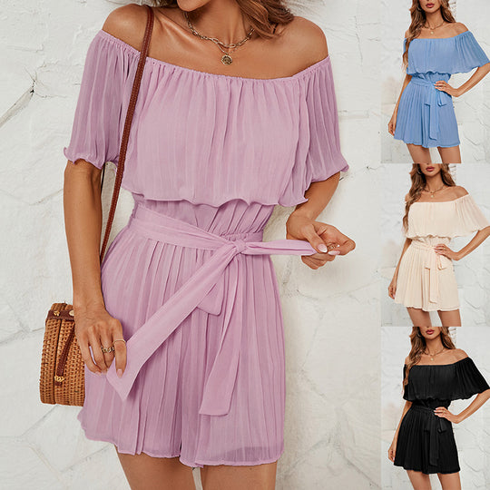 Damen Off-Shoulder Playsuit mit fließenden Falten und tailliertem Gürtel Heidi-Mode