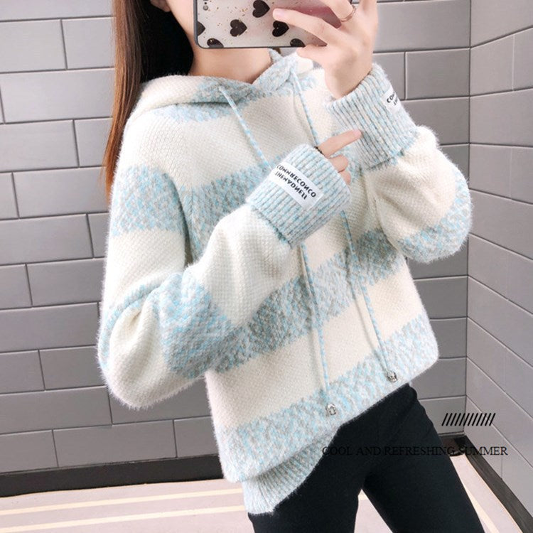 Damen Freizeit Hoodie mit strukturiertem Streifenmuster und Kordelzug Heidi-Mode