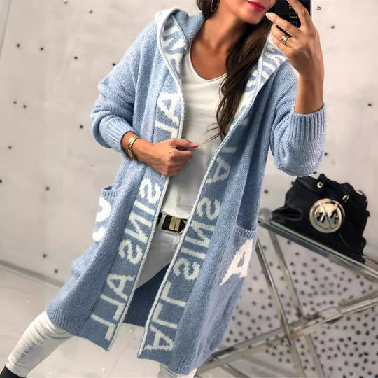 Damen Langarm-Strickcardigan mit Kapuze und praktischen Taschen Heidi-Mode