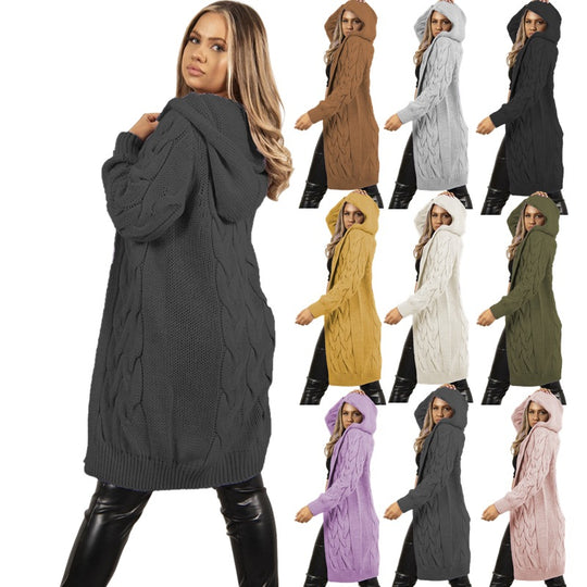 Damen Strickmantel mit Kapuze und Zopfmuster Heidi-Mode