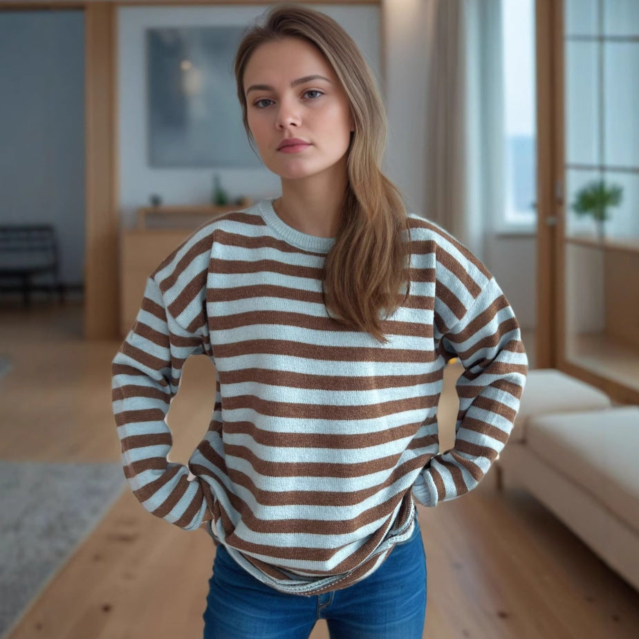 Damen lässiger Oversize-Pullover mit breiten Streifen Heidi-Mode