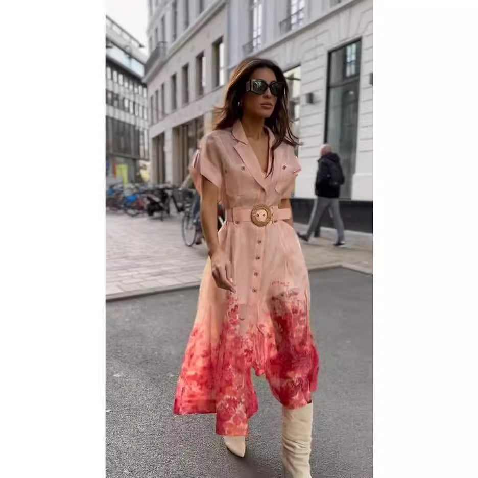 Heidi-Mode | Französisches Pink Shirtkragen Bedrucktes Strandkleid