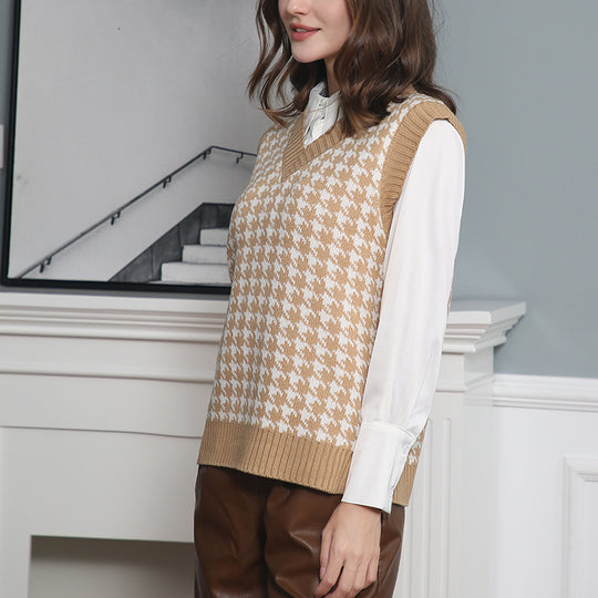 Damen ärmellose Strickweste mit modernem Hahnentrittmuster Heidi-Mode