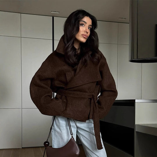 Damen elegante Oversized-Wolljacke mit Gürtel Heidi-Mode