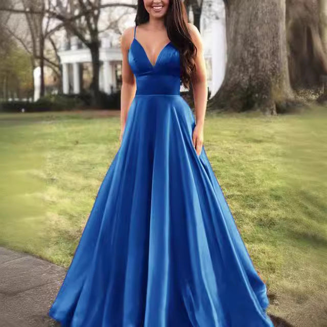 Damen A-Linien Abendkleid mit tiefem Ausschnitt und schmalen Trägern Heidi-Mode