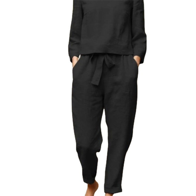 Damen Lässiges Zweiteiliges Leinen-Outfit mit breitem Bund Heidi-Mode