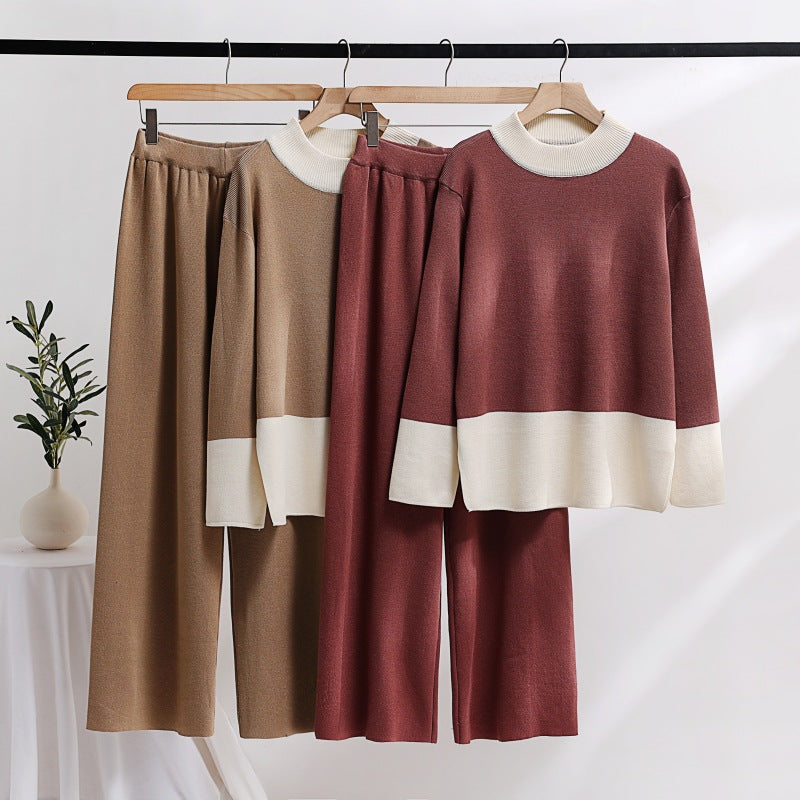 Damen elegantes Strick-Loungewear-Set mit weitem Bund und dekorativem Kragen Heidi-Mode