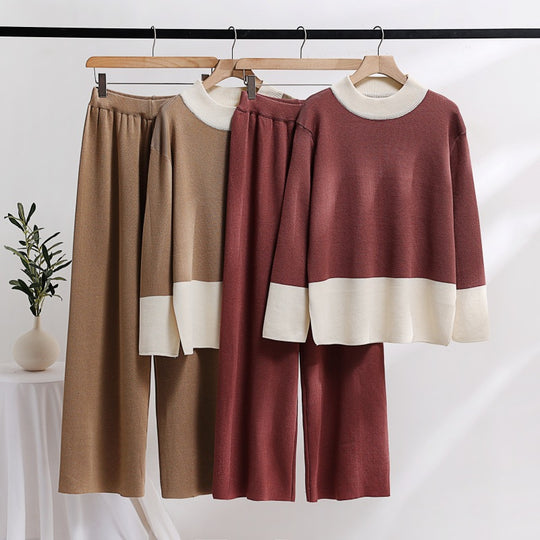 Damen elegantes Strick-Loungewear-Set mit weitem Bund und dekorativem Kragen Heidi-Mode