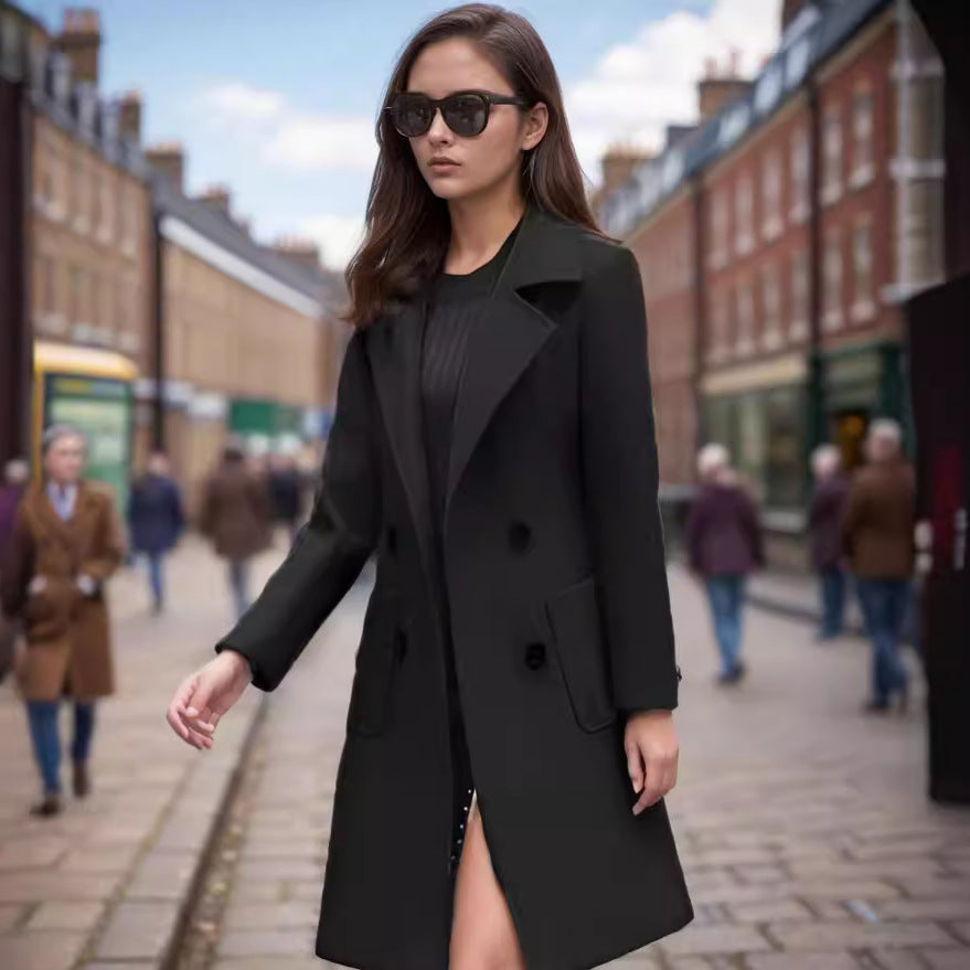 Damen eleganter Wollmantel mit doppelter Knopfreihe und praktischen Taschen Heidi-Mode