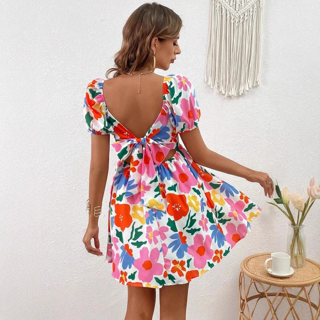 Heidi-Mode | V-Ausschnitt Bedrucktes Strand Kleid mit Laternenärmeln