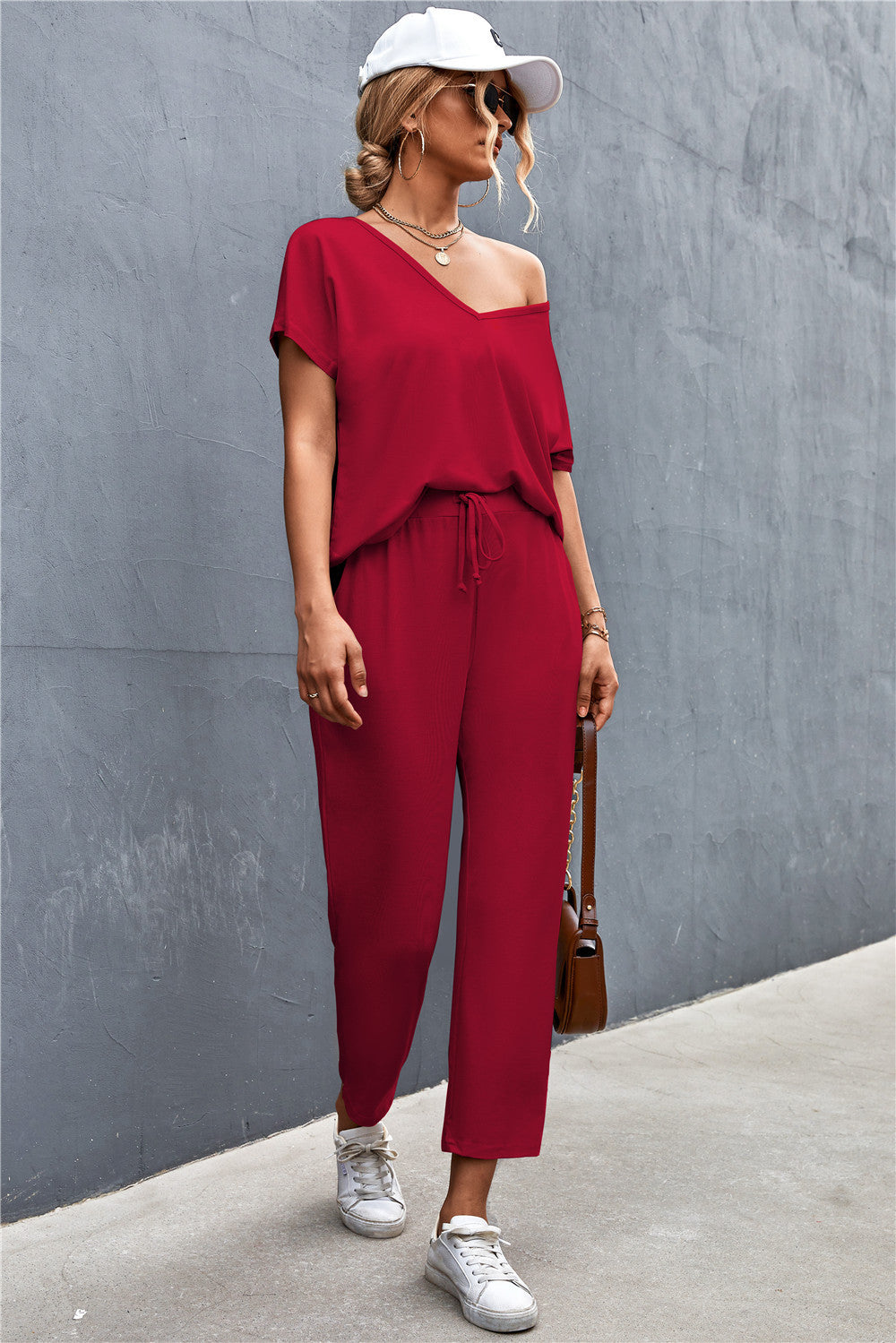 Damen Lounge-Set mit lässigem V-Ausschnitt und elastischen Bündchen Heidi-Mode