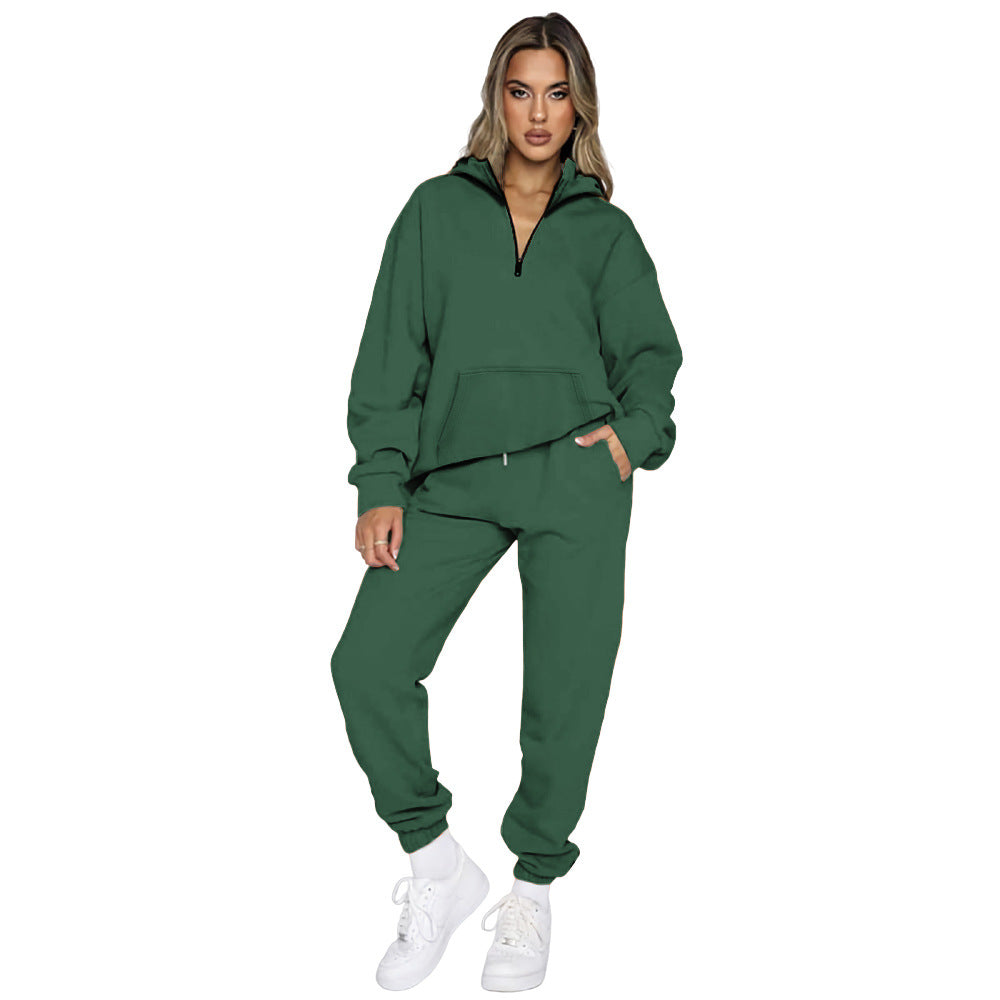 Damen gemütlicher Two-Piece Sweatsuit mit halbem Reißverschluss und praktischen Taschen Heidi-Mode