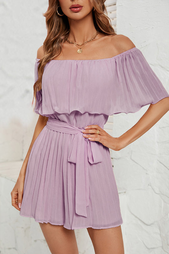 Damen Off-Shoulder Playsuit mit fließenden Falten und tailliertem Gürtel Heidi-Mode