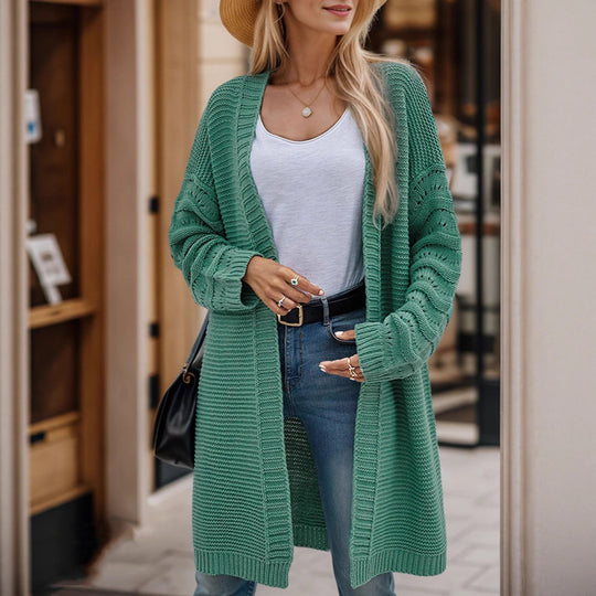 Damen Langer Strickcardigan mit luftiger Maschenstruktur und offener Front Heidi-Mode