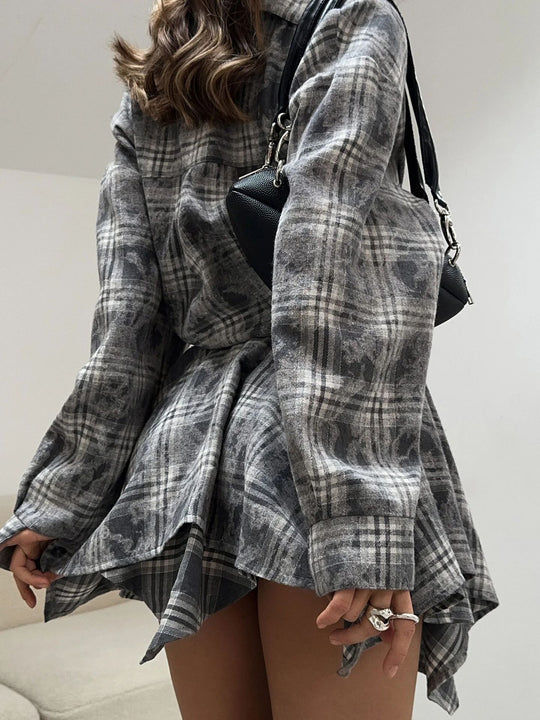 Damen lässiges Karo-Hemdkleid mit asymmetrischem Schnitt Heidi-Mode
