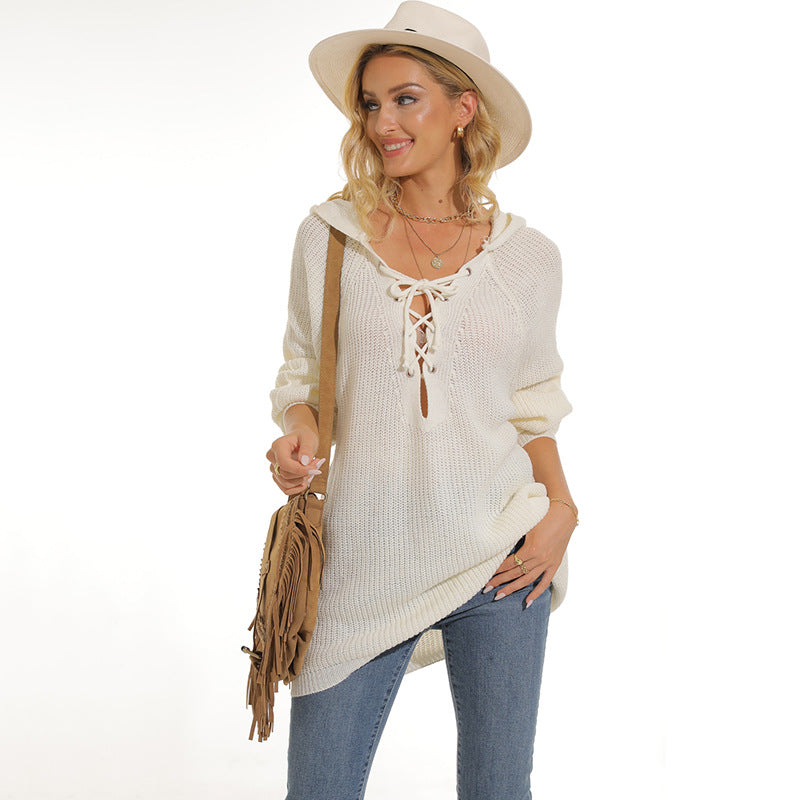 Damen lässiger Strickpullover mit einzigartigem Schnürdesign und lockerer Passform Heidi-Mode