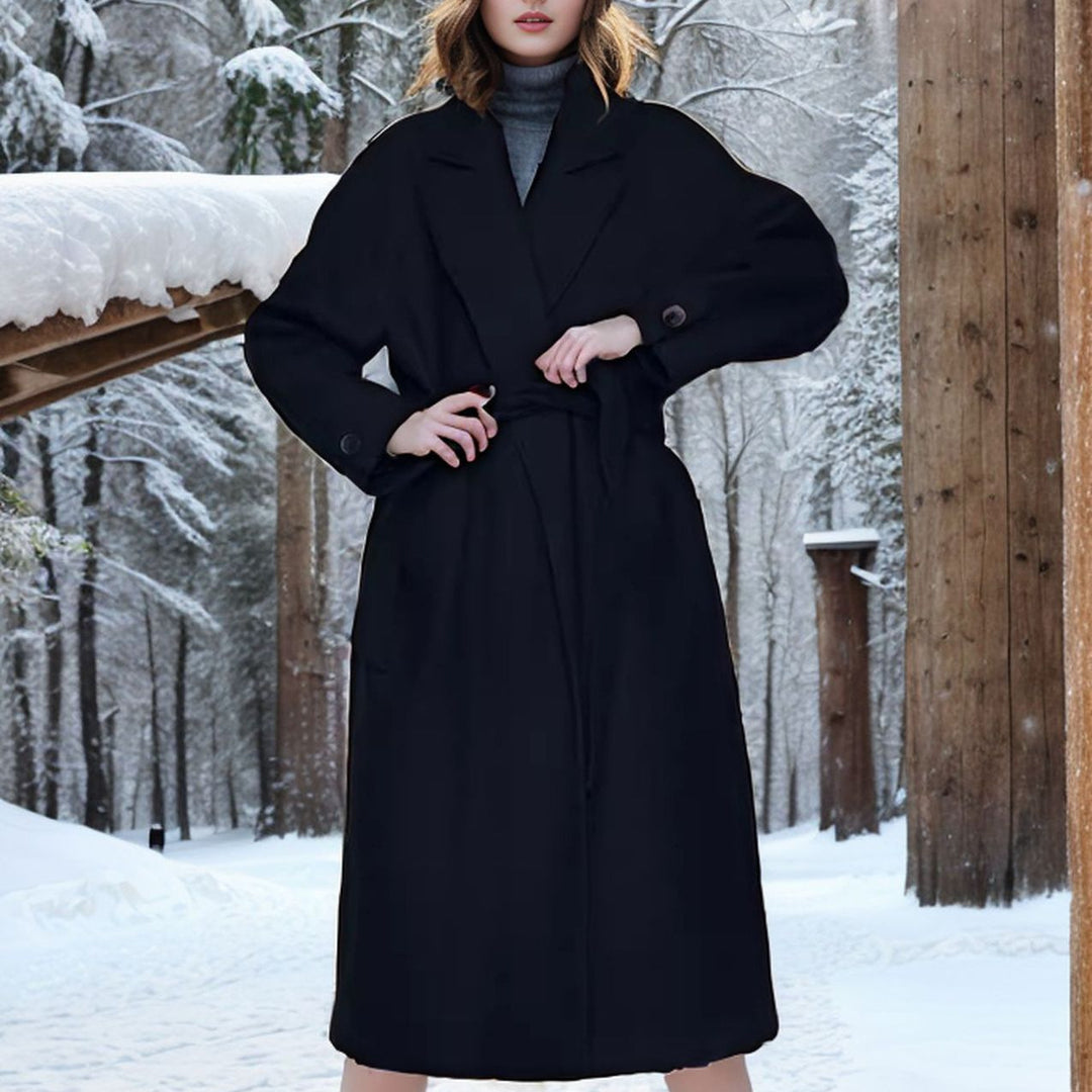 Damen eleganter langer Mantel mit breitem Revers und Gürtel Heidi-Mode