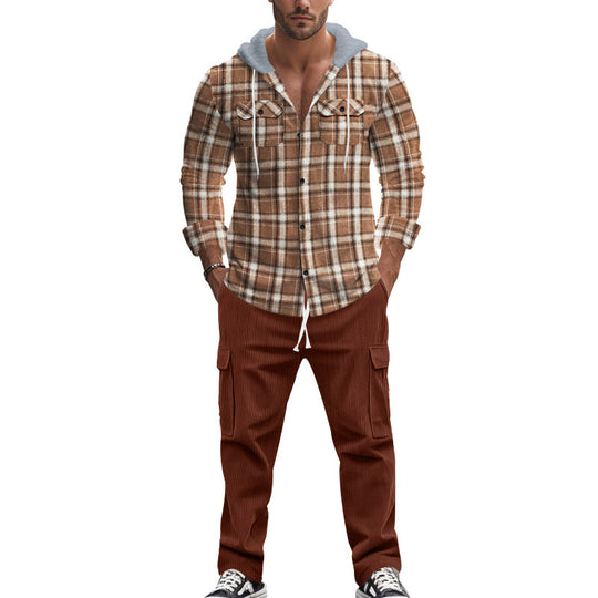 Herren gemusterte Kapuzenshirtjacke mit karierter Struktur und praktischen Taschen Heidi-Mode