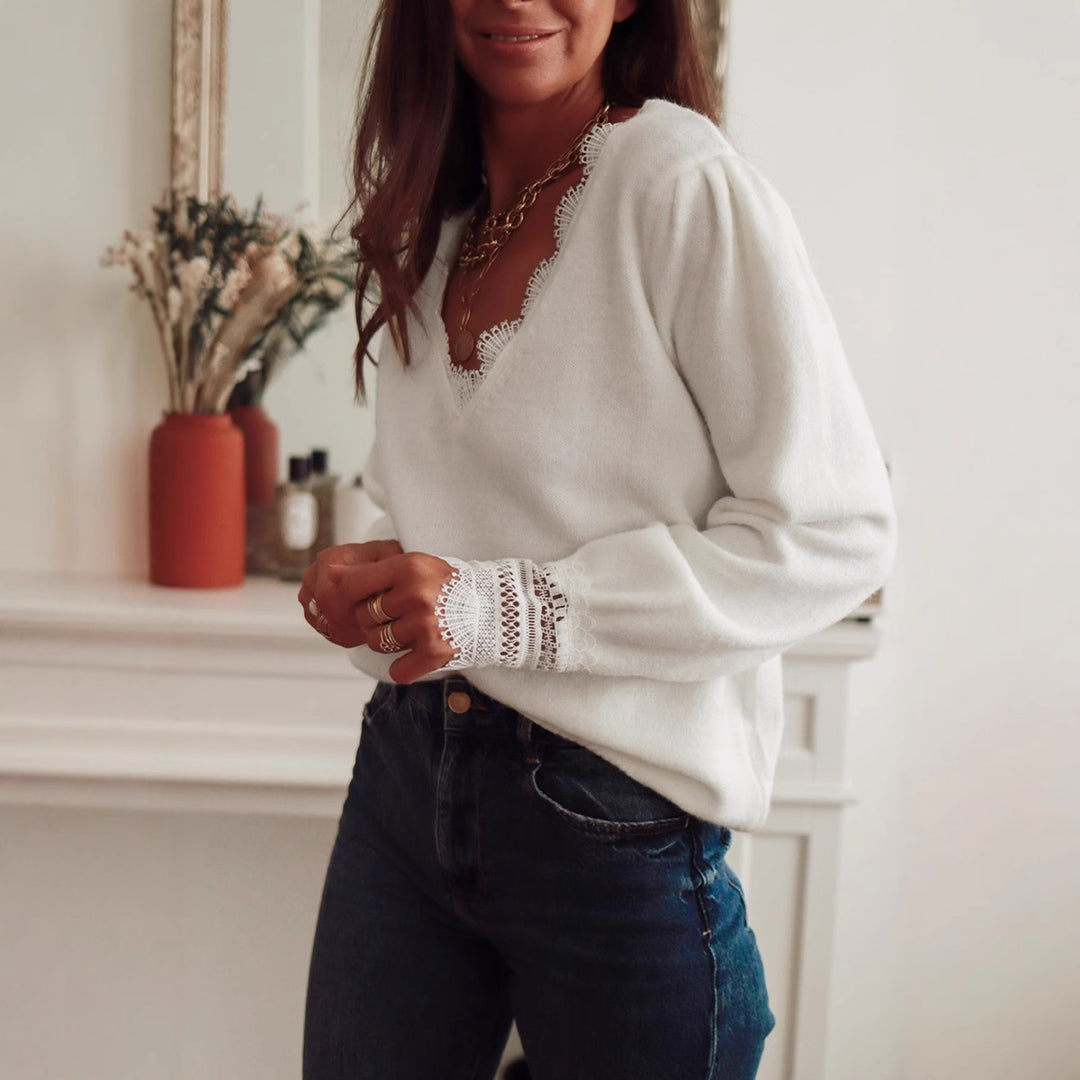 Damen Strickpullover mit Spitzenkragen und Puffärmeln Heidi-Mode