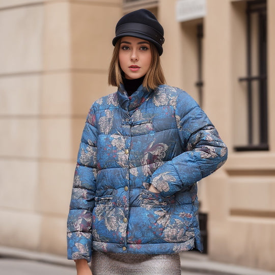 Damen gesteppte Winterjacke mit buntem Kunstdesign und praktischen Taschen Heidi-Mode