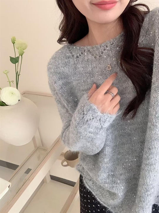 Damen Flauschiger Strickpullover mit glänzenden Akzenten und lockerem Schnitt Heidi-Mode