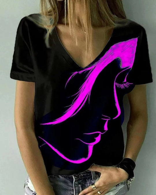 Damen V-Ausschnitt T-Shirt mit kreativem Grafikdruck Heidi-Mode