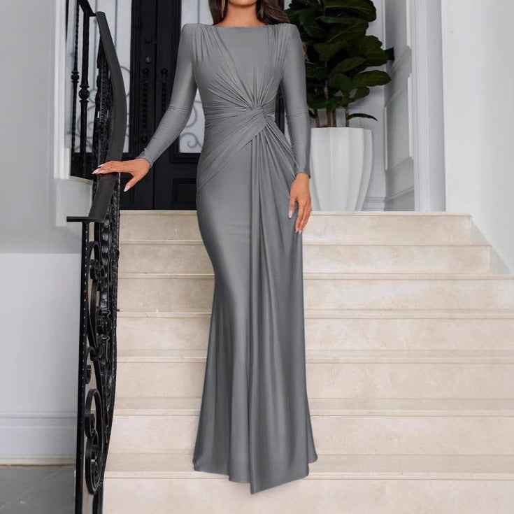 Damen Elegantes Longdress mit Raffung und hohem Kragen Heidi-Mode