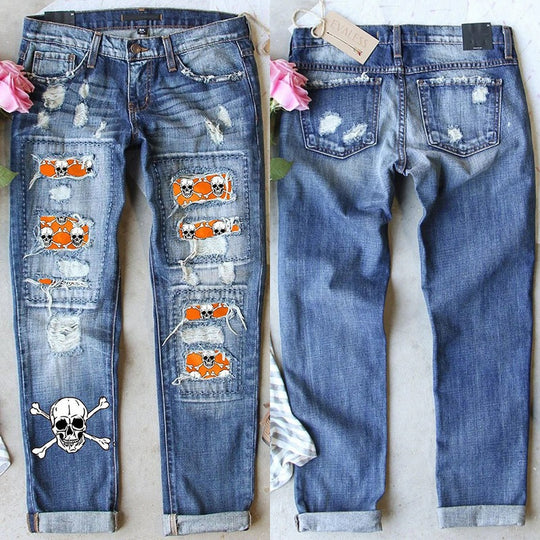 Damen Skinny Jeans mit auffälligen Totenkopf-Mustern Heidi-Mode