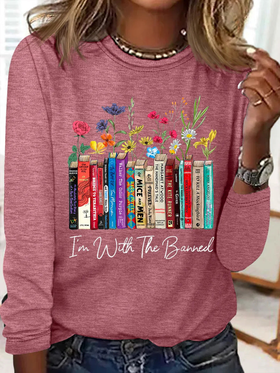 Damen Langarmshirt mit Bücher- und Blumenmotiv Heidi-Mode