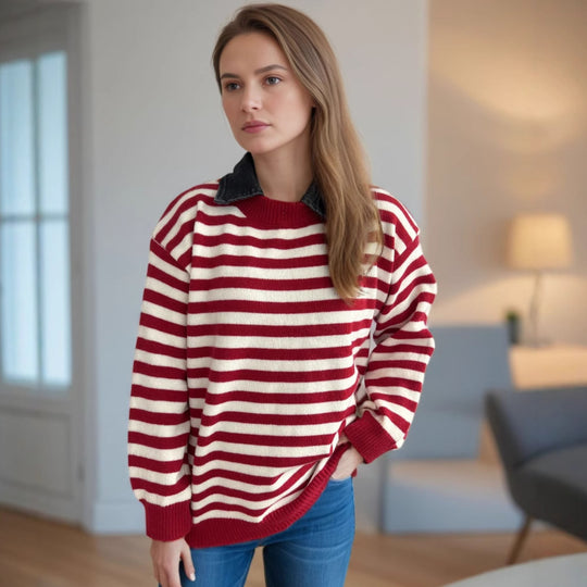 Damen lässiger Pullover mit strukturellem Streifenmuster und modischem Kragen Heidi-Mode