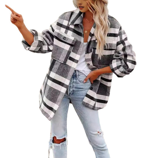 Damen Karierte Flanellhemdjacke mit lockerer Passform und praktischen Taschen Heidi-Mode