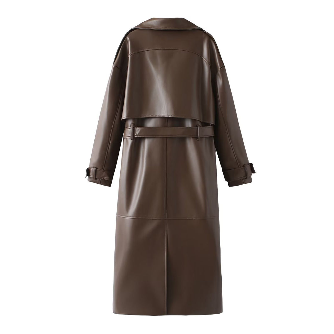 Damen Kunstleder-Trenchcoat mit elegantem Schnitt und taillierbarem Gürtel Heidi-Mode