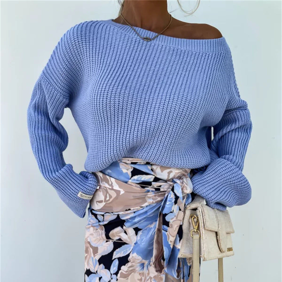 Damen gemütlicher Strickpullover mit weitem Schnitt und offener Schulter Heidi-Mode