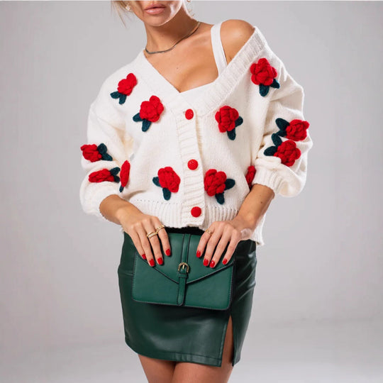 Damen Kuscheliger Strickcardigan mit floralen Applikationen und oversized Schnitt Heidi-Mode