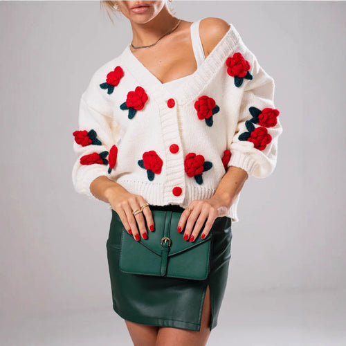 Damen Kuscheliger Strickcardigan mit floralen Applikationen und oversized Schnitt Heidi-Mode