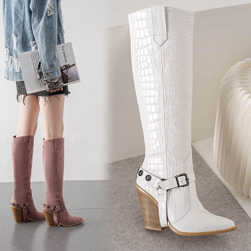 Damen kniehohe Stiefel mit Krokodilprägung und Blockabsatz Heidi-Mode