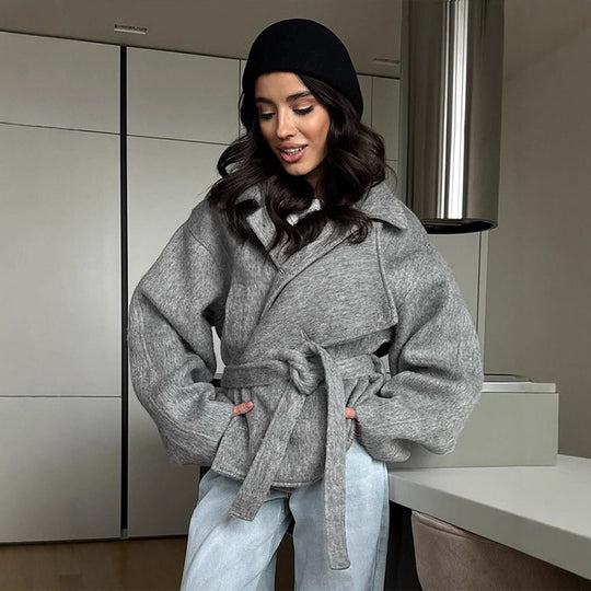 Damen elegante Oversized-Wolljacke mit Gürtel Heidi-Mode