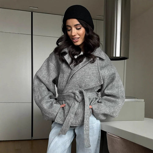 Damen elegante Oversized-Wolljacke mit Gürtel Heidi-Mode
