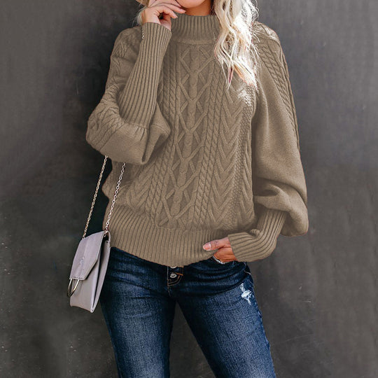 Damen Grobstrickpullover mit hohen Kragen und voluminösen Ärmeln Heidi-Mode