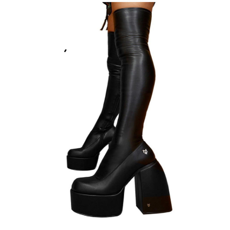 Damen Überknee-Stiefel mit klobigem Blockabsatz und elastischem Obermaterial Heidi-Mode
