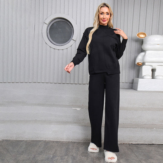 Damen gemütliches Strick-Loungewear-Set mit hohem Kragen und weitem Schnitt Heidi-Mode