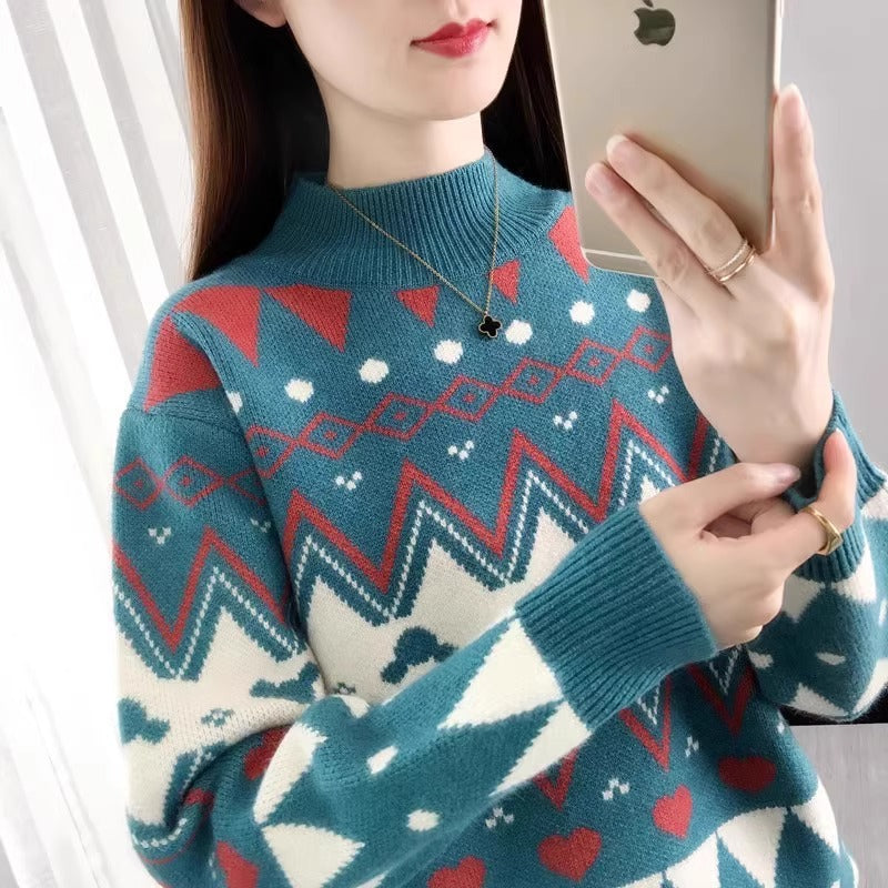 Damen festlicher Strickpullover im modernen Weihnachtsdesign mit geometrischem Muster und komfortablem Rundhalsausschnitt Heidi-Mode