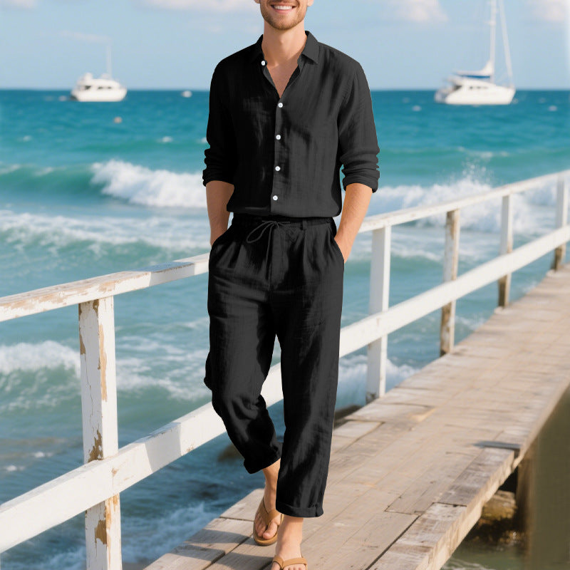 Herren entspannte Leinenhose mit verstellbarem Kordelzug und elastischem Bund Heidi-Mode