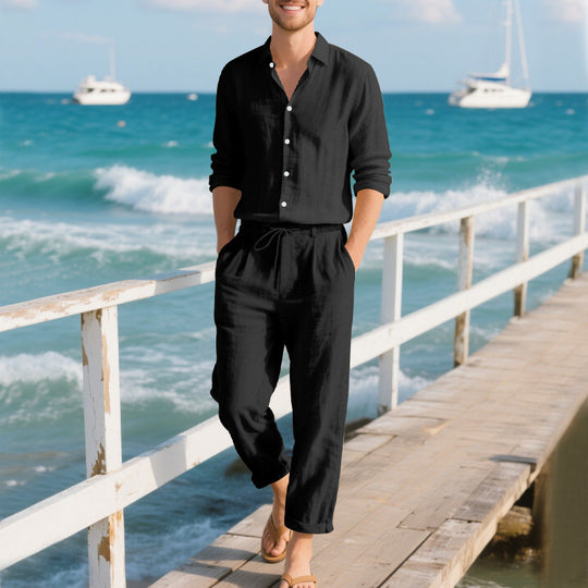 Herren entspannte Leinenhose mit verstellbarem Kordelzug und elastischem Bund Heidi-Mode