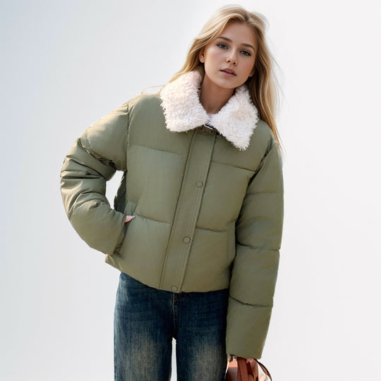 Damen kurze, gefütterte Winterjacke mit elegantem Kunstfellkragen Heidi-Mode