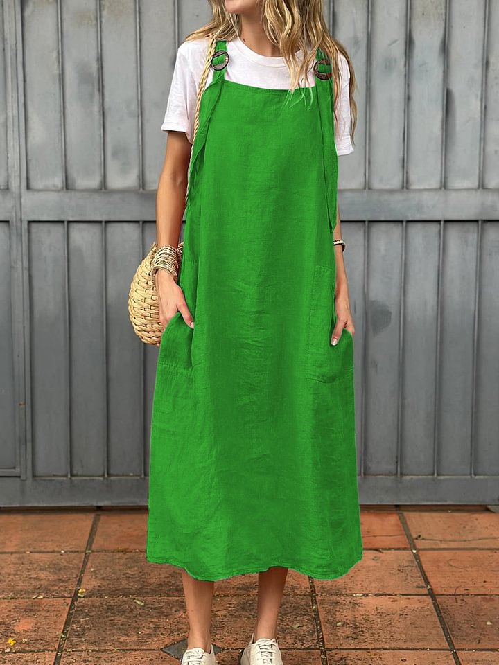 Damen lässiges Leinen-Trägerkleid mit praktischen Taschen Heidi-Mode